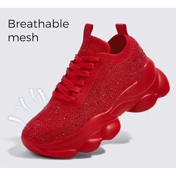 Lucky Step Women's Red Rhinestone Sneaker Chunky Sparkly Bling Mesh Slip on - Picture 4 of 9